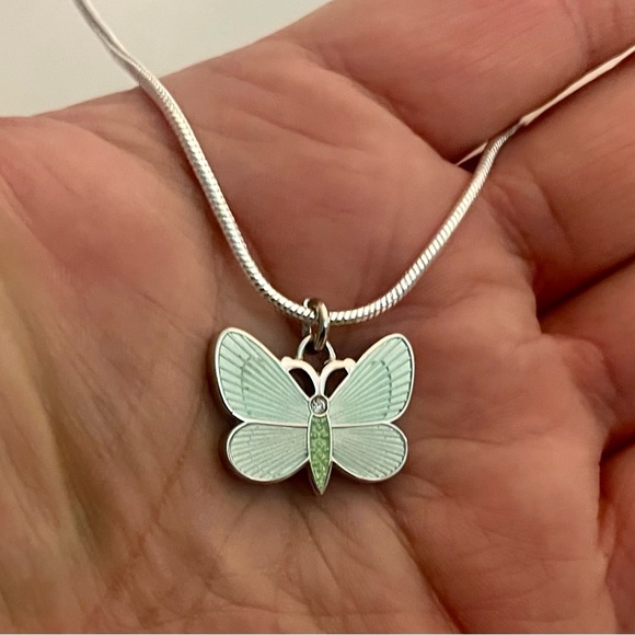 RARE Coach Teal & Green Enamel Crystal Butterfly Pendant .925 Sterling Necklace - Picture 6 of 7